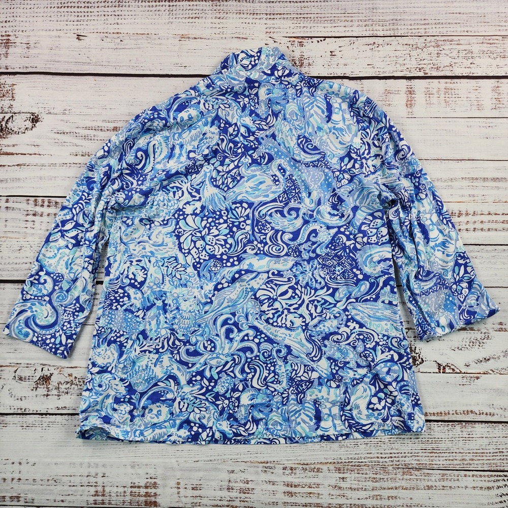 Lilly Pulitzer Ansley Polo Top Go Animals Blue 3/4 Sleeve Pima Cotton Shirt L - Picture 2 of 7